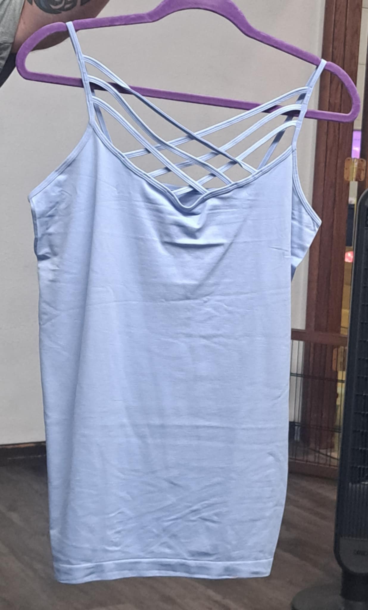 Solid Light Blue Criss Cross X Neckline Slimming Tank