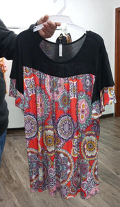 Black Shirred Pink Medallion Shirt Top