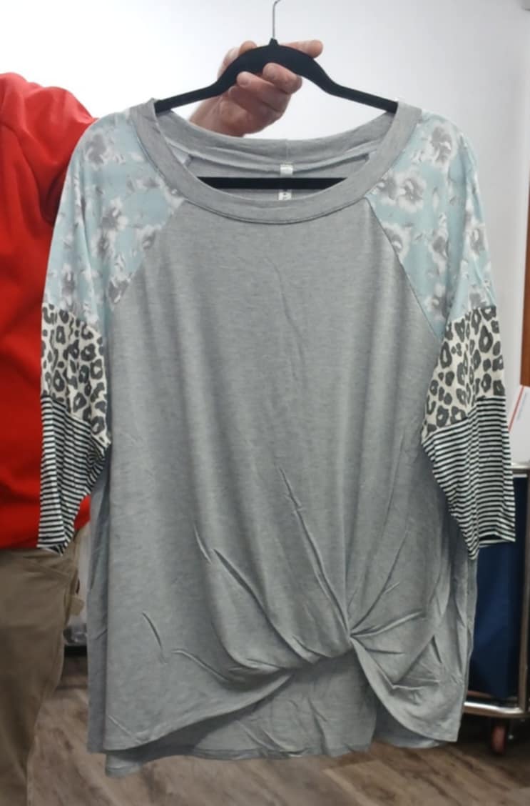 Gray Top Floral Leopard Sleeves w Knot Front Shirt Top