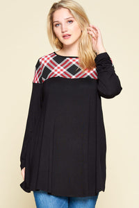 Black & Red Plaid Neckline Tunic Top Shirt