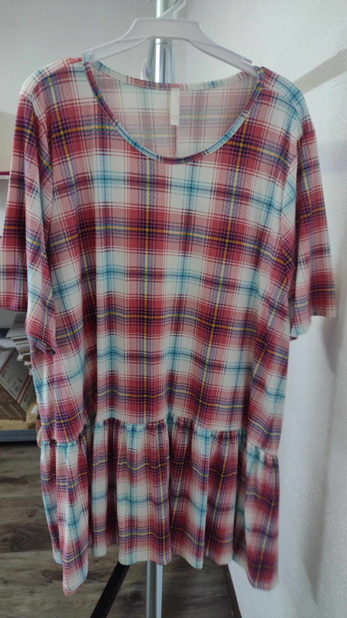 Pink Blue Plaid Shirt Top w Ruffle Hem