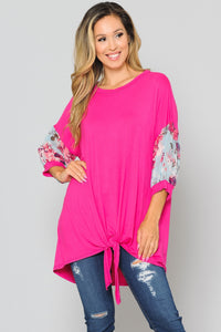 PSFU Pink Shirt Top w Floral Sleeve and Tie Knot