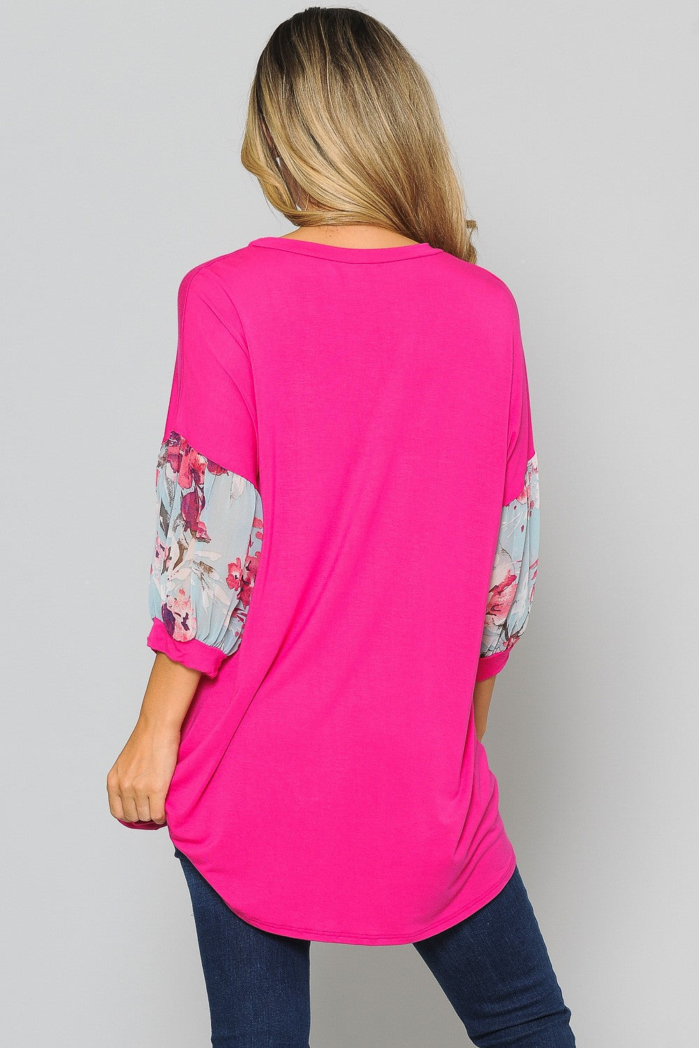 PSFU Pink Shirt Top w Floral Sleeve and Tie Knot