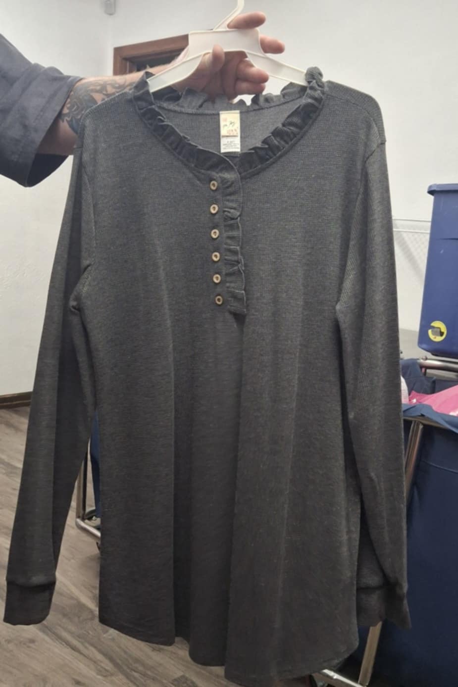 Gray Ruffle Neckline Button Plaquard Shirt Top