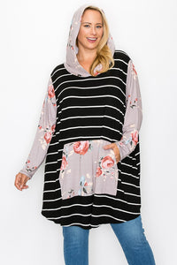 PSFU Black & White Stripe Mauve Floral Hoodie Hoody