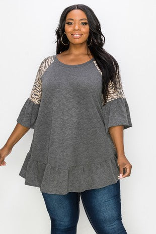 PSFU Gray Animal Stripe Sleeve Shirt Top