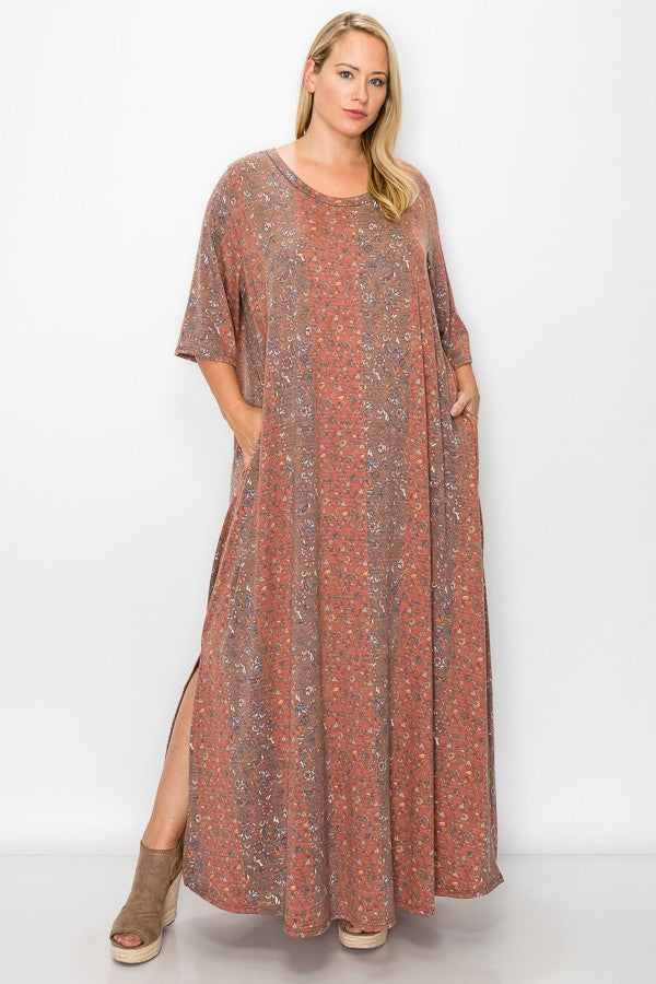 PSFU Brown Floral Stripe Print Maxi Dress