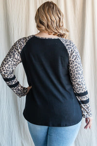 Black Leopard V Neck Varsity Sleeve Shirt Top