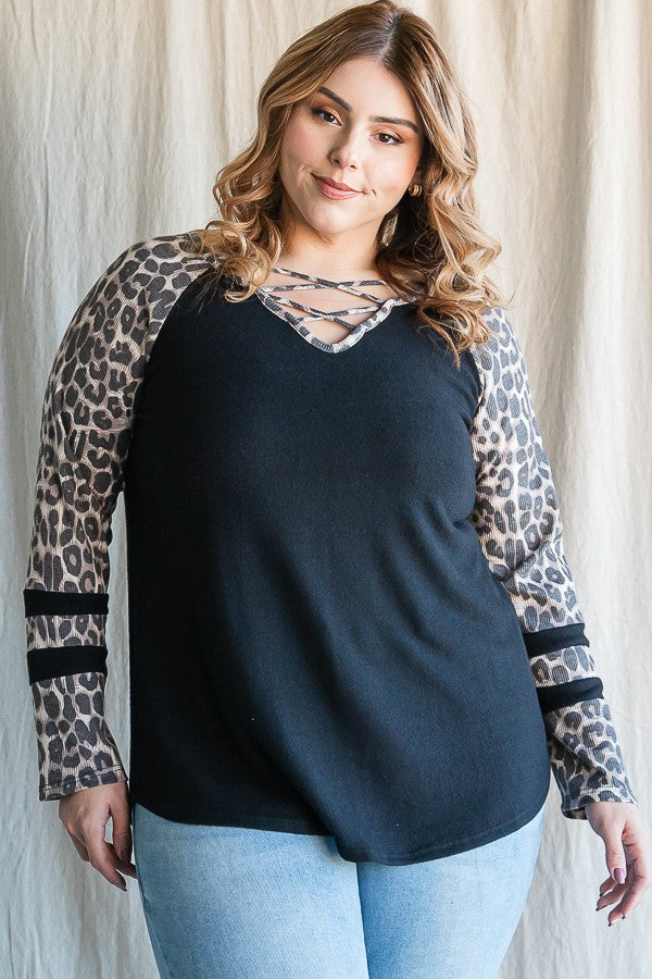 Black Leopard V Neck Varsity Sleeve Shirt Top