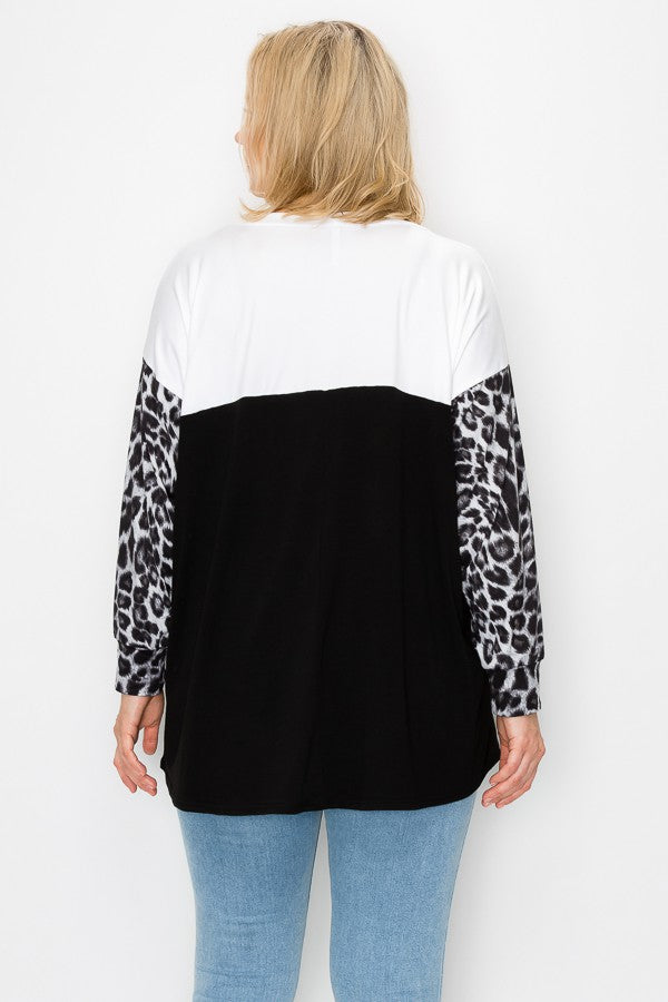 PSFU White Black Gray Leopard Sleeve Shirt Top