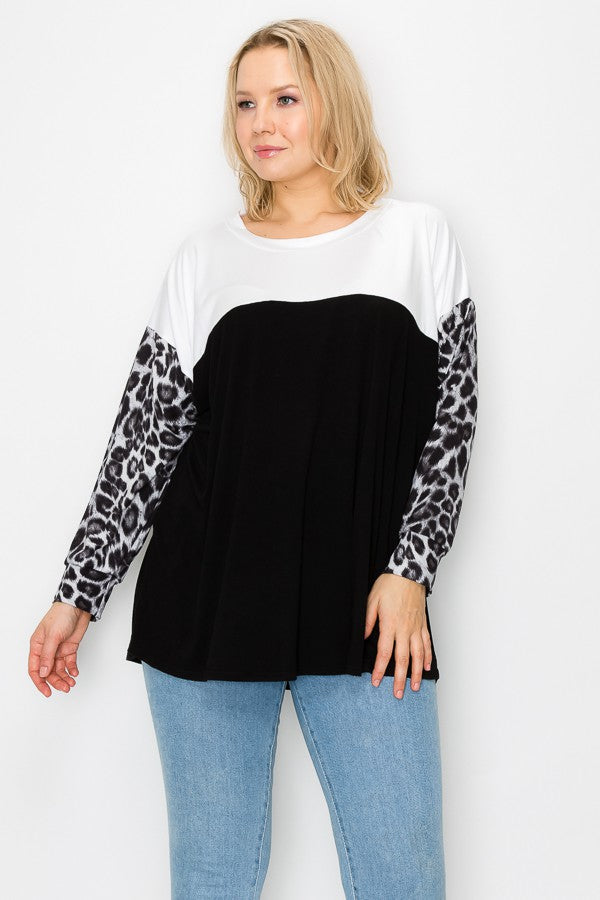 PSFU White Black Gray Leopard Sleeve Shirt Top