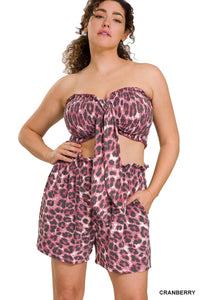 Pink Leopard Smocked Tube Top w Tie & Shorts Set Outfit