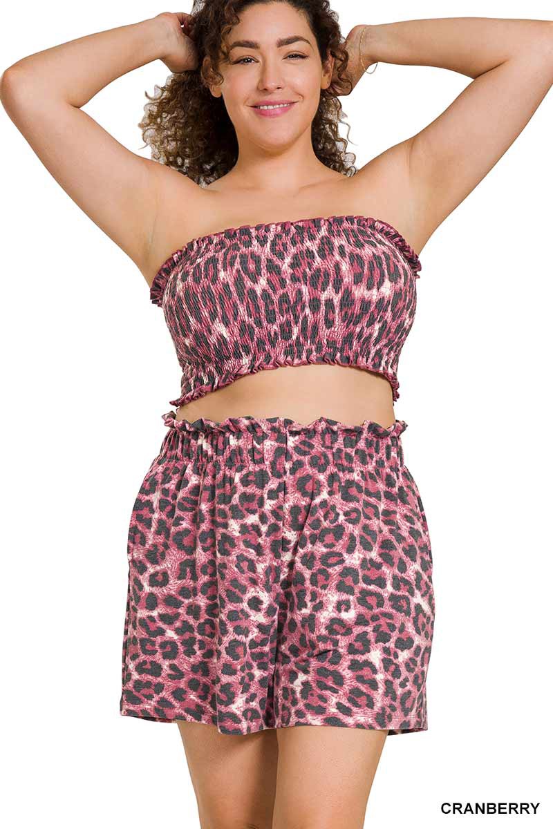 Pink Leopard Smocked Tube Top w Tie & Shorts Set Outfit