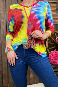 Bright Tie Dye V Neck Shirt Top 3 Qtr Sleeves