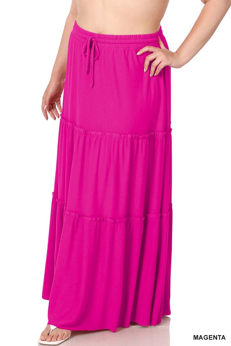 Fuschia Pink Tiered Ruffle Hem Maxi Skirt