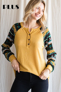 Mustard Faux Button Shirt Top w Cool Sleeves