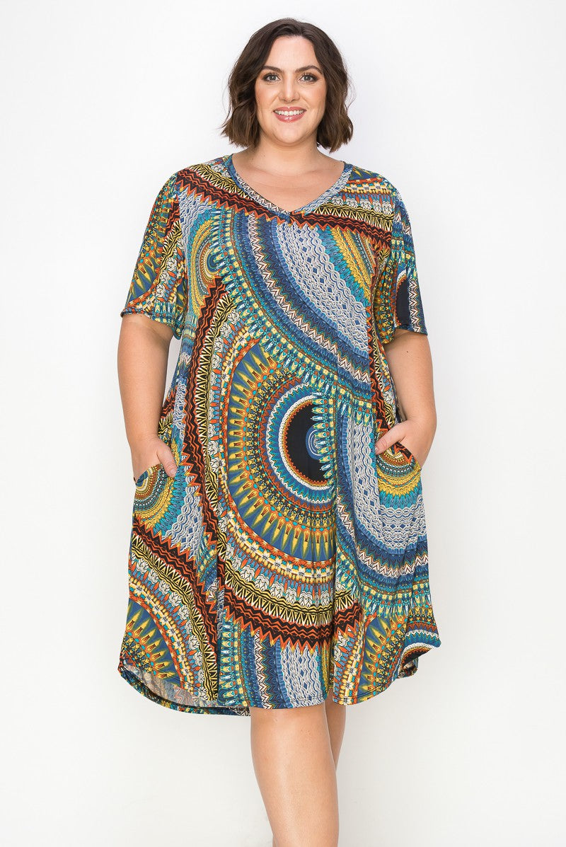 Gorgeous Medallion Swirl Dress w V Neck and Pockets