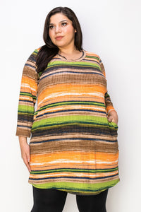 PSFU Brown Orange Green Stripe Long Tunic Shirt Top