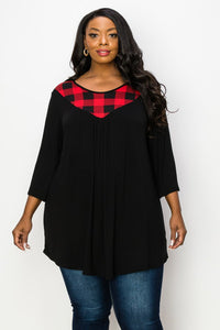 PSFU Black Red Plaid Shirt Top V Neck