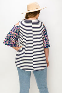 PSFU Stripe Floral Cold Shoulder Shirt Top