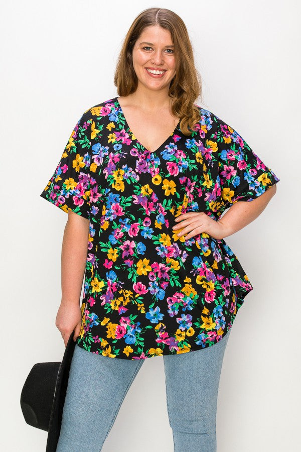 PSFU Black Floral Top W V Neck Shirt