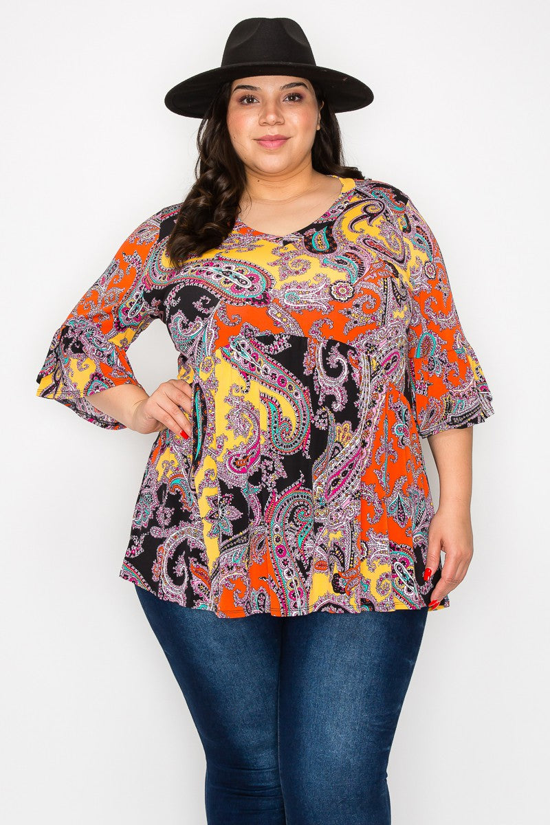 Black Yellow Orange Paisley Shirt Top