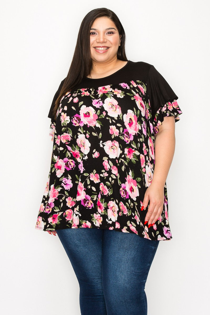 Black Pink Floral Shirt Top w Ruffle Sleeves – Plus Size For Us