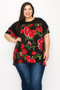 Black Red Floral Rose Shirred Shirt Top