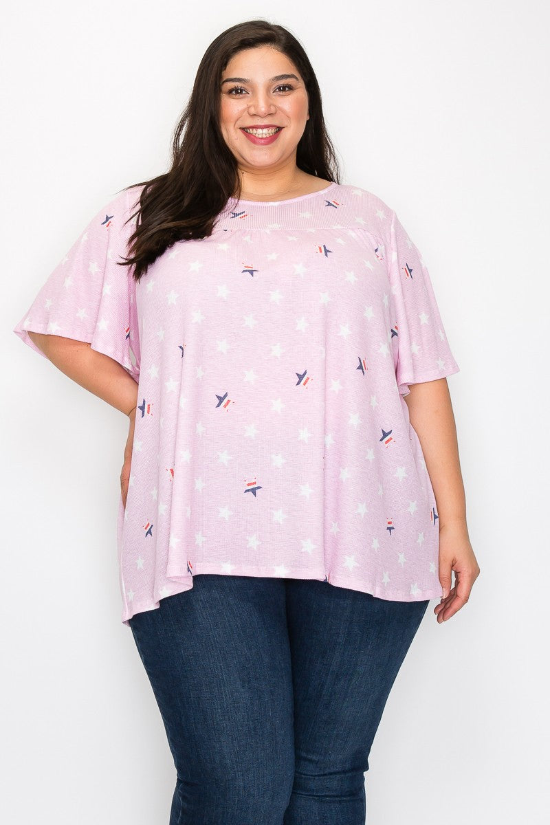 Light Pink Shirred Star Print Tunic Shirt Top
