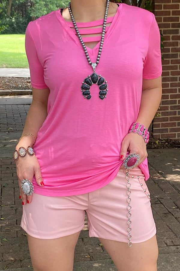 Solid Pink Strappy Neck Shirt Top