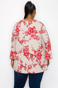 PSFU Beige Top w Red Cherry Blossom Keyhole Neckline Shirt Top