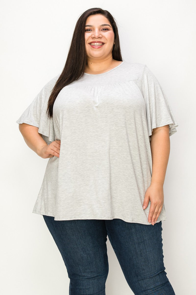 Solid All Gray Grey Shirred Upper Shirt Top