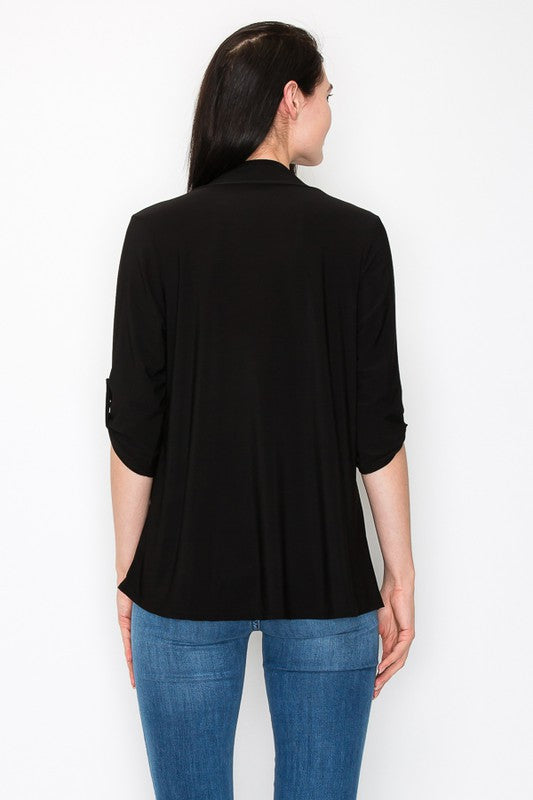 PSFU Solid Black Blouse Shirt Top w Roll Tab Sleeves