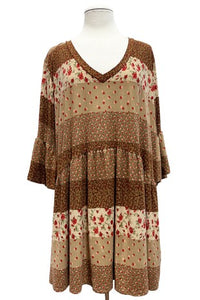 Beautiful Fall Brown Flower V Neck Shirt Top