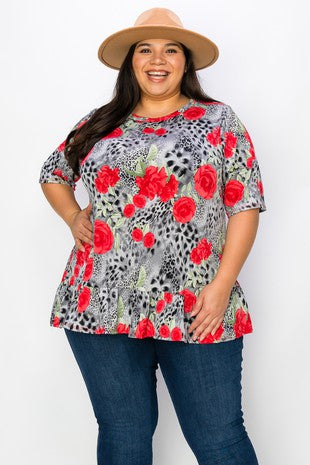 Gray Leopard Red Floral Shirt Top