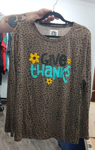 Brown Leopard Print Give Thanks Graphic Tee Shirt Top