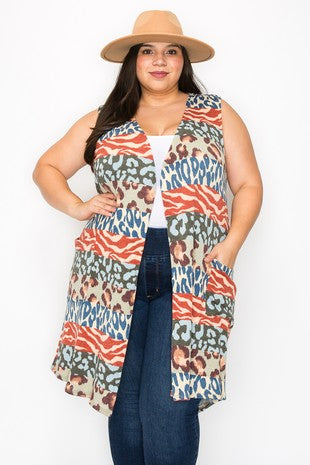 Multi Color Multi Print Leopard Stripe Vest Layering Piece w Pockets