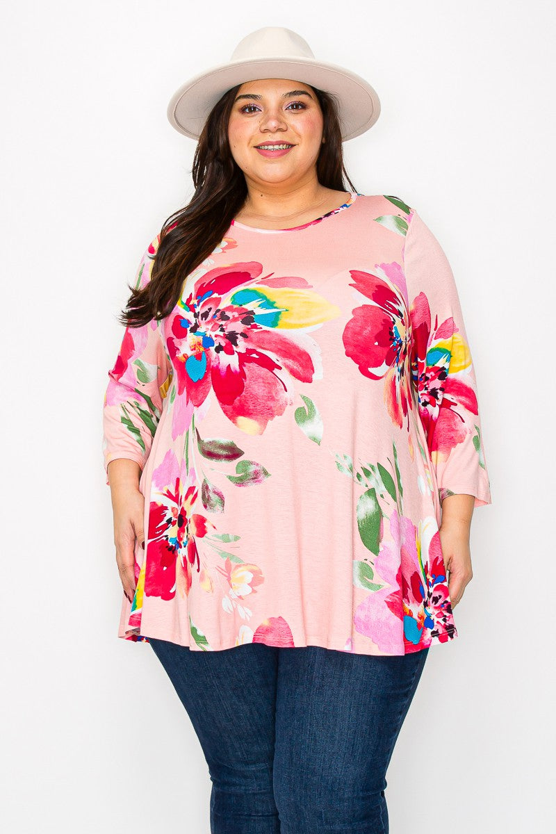 Big Pink Floral Print 3Qtr Sleeves Shirt Top