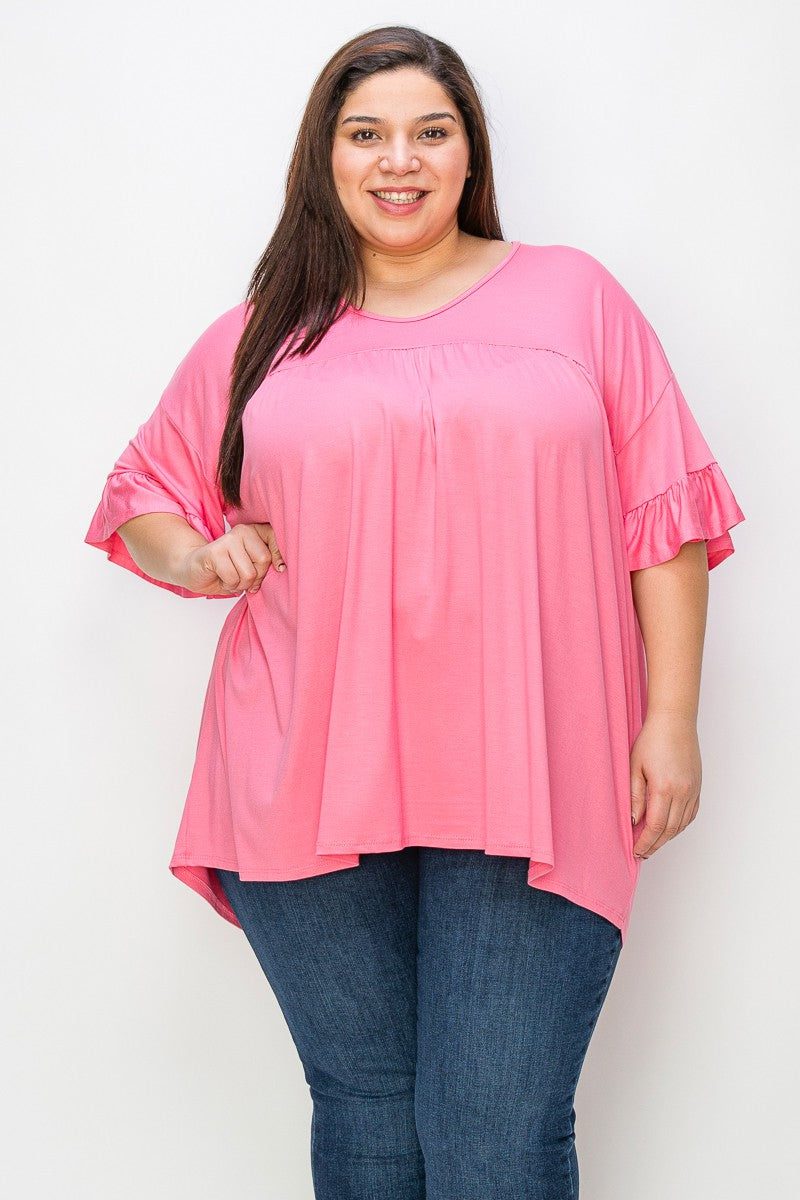 Pink V neck Ruffle Sleeve Top Shirt