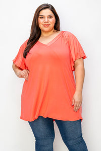 Solid Coral V Neck Wide Sleeve Shirt Top