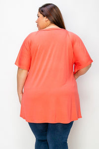 Solid Coral V Neck Wide Sleeve Shirt Top