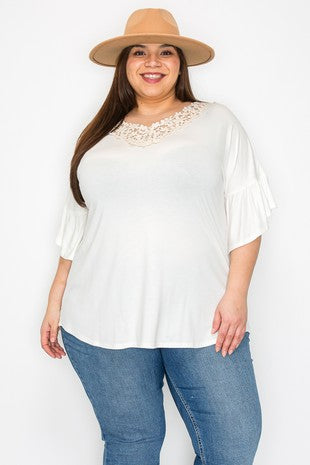 Solid Ivory Lace Neckline Shirt Top