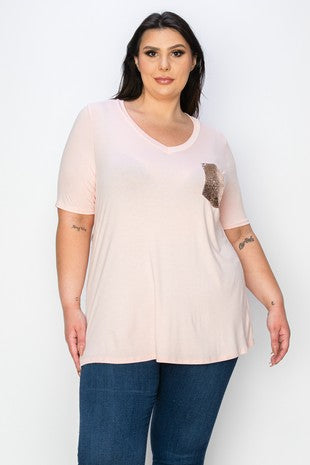 Light Pink Shirt Top w Sequin Chest Pocket