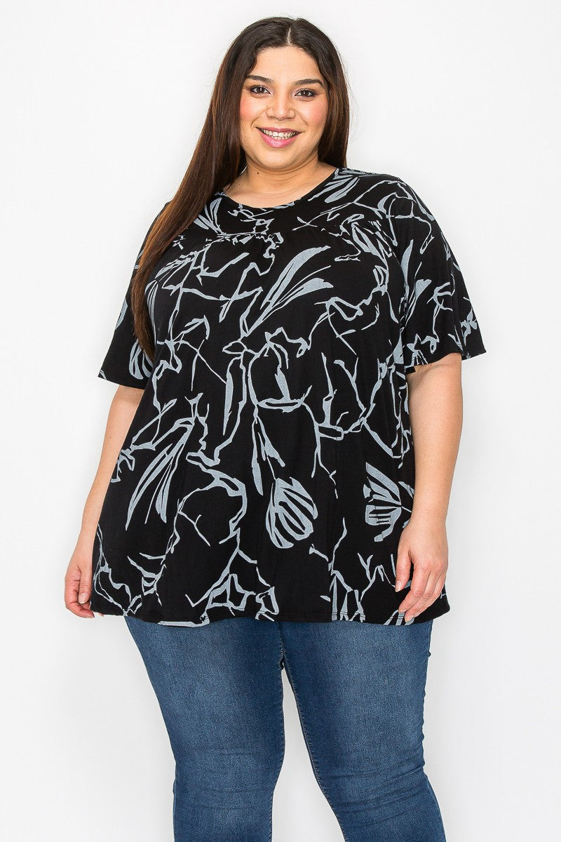 Black Shirred Multi Print Tunic Top