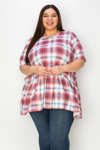 Pink Blue Plaid Shirt Top w Ruffle Hem