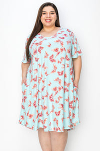 Light Aqua Butterfly V Neck Dress w Pockets