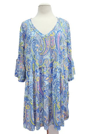 Blue Pink Paisley V Neck Babydoll Shirt Top w Ruffle Sleeves