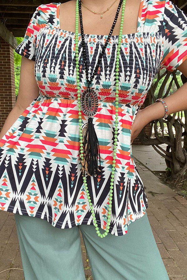 Gorgeous Aztec Print Smocked Neckline Shirt Top