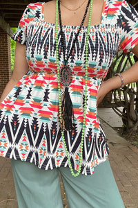 Gorgeous Aztec Print Smocked Neckline Shirt Top