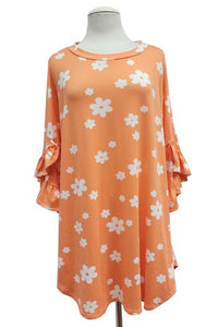 Orange Tunic Shirt Top w White Flowers Retro Print